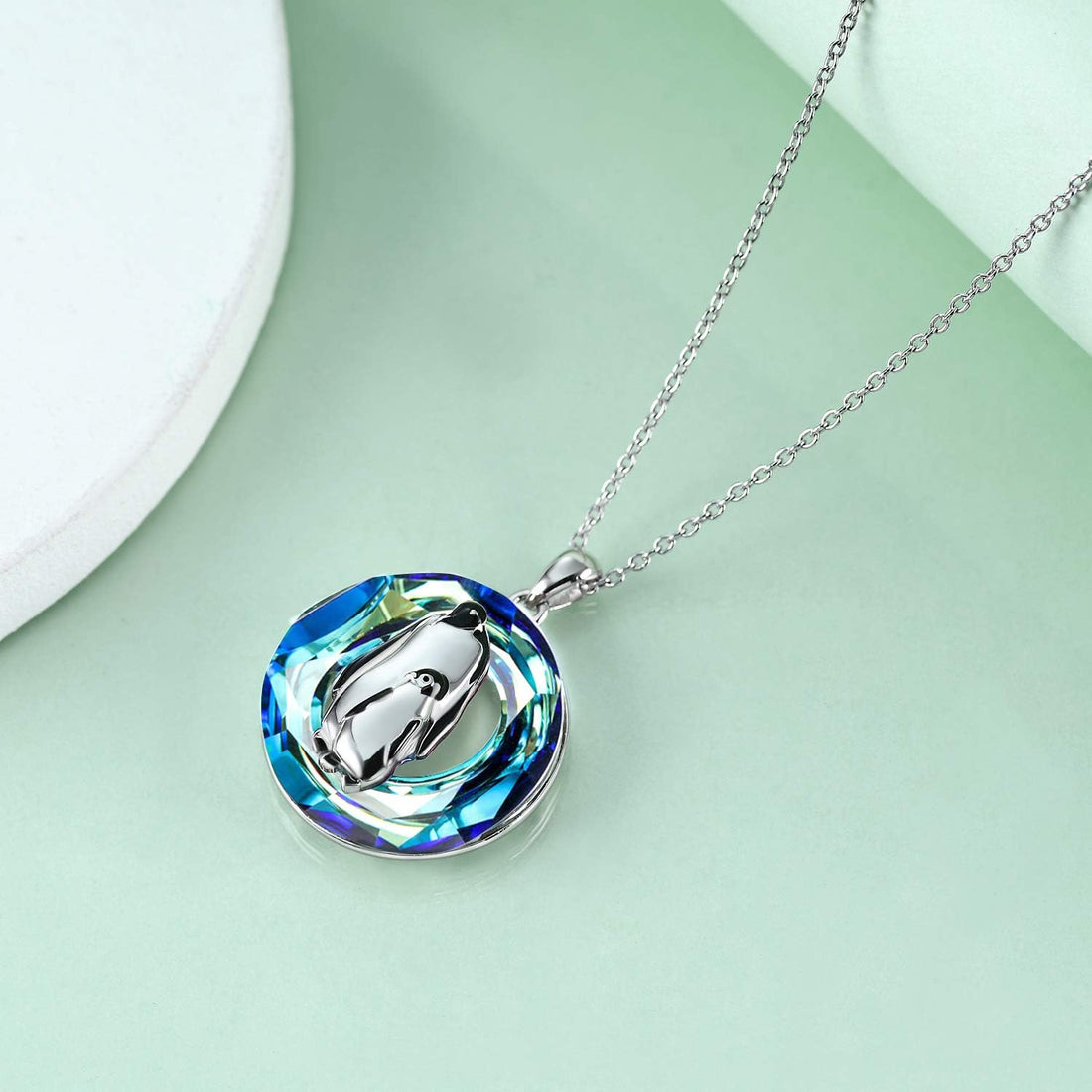 Crystal Penguin Mother &amp; Baby Pendant Necklace – 925 Sterling Silver