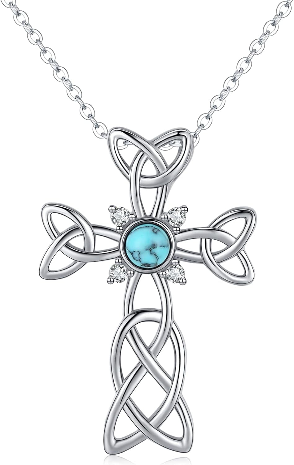 Cross Necklace 925 Sterling Silver Celtic Knot Cross Necklace with round Shape Turquoise Pendant Jewelry Gifts for Women