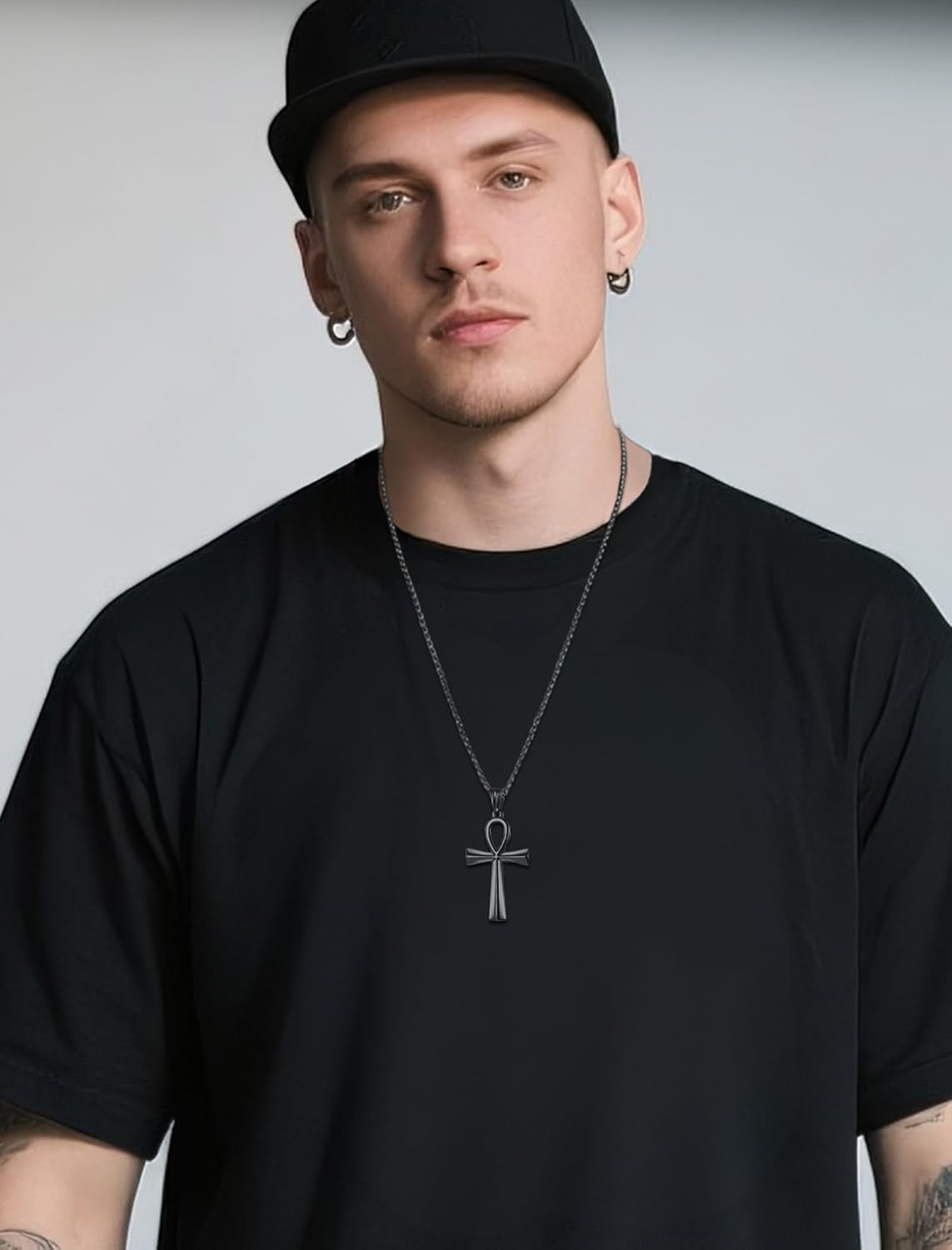 Men’s Cross Necklace – 316L Stainless Steel Jesus Ankh Pendant with Rolo Chain