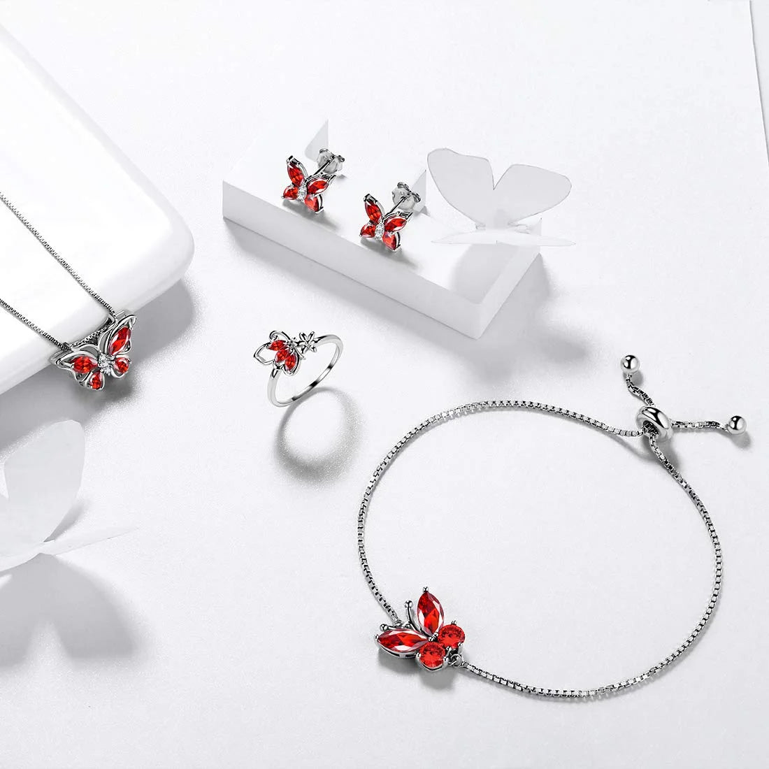 January Birthstone Jewelry Set – Red Butterfly Garnet Necklace, Earrings, Ring &amp; Bracelet in Sterling Silver for Women