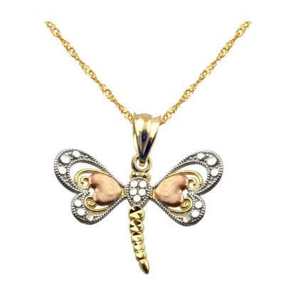 US GOLD Handcrafted 10Kt Tri-Color Gold Dragonfly Charm Pendant – Yellow, Rose &amp; White Gold