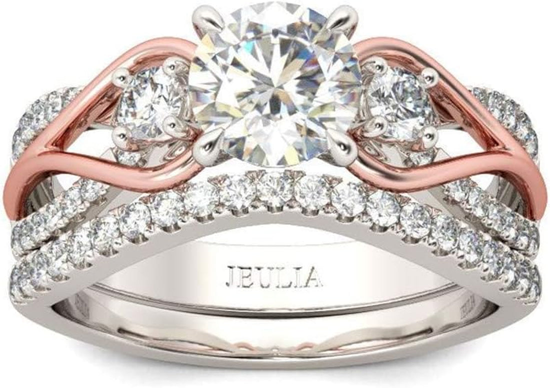 Two-Tone Rose Gold &amp; Sterling Silver Engagement Ring Set – Round Cut Three-Stone Halo Bridal, Promise &amp; Anniversary Rings for Women with Gift Box