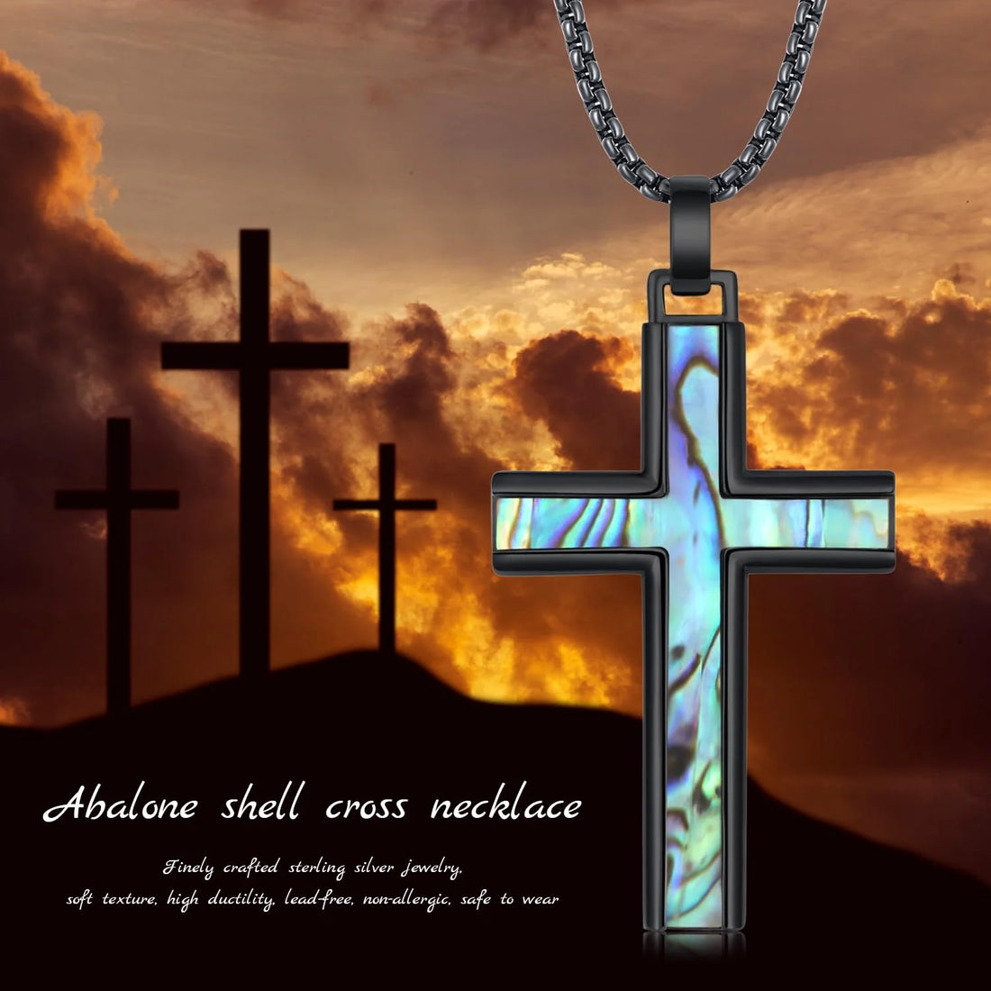 925 Sterling Silver Black Cross Necklace with Abalone Shell Inlay