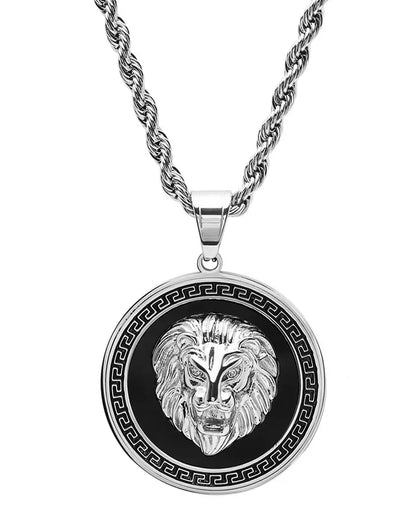 Men’s Two-Tone Stainless Steel Lion Head Pendant Necklace – Simulated Diamond, Greek Key Mount, 24-Inch Chain