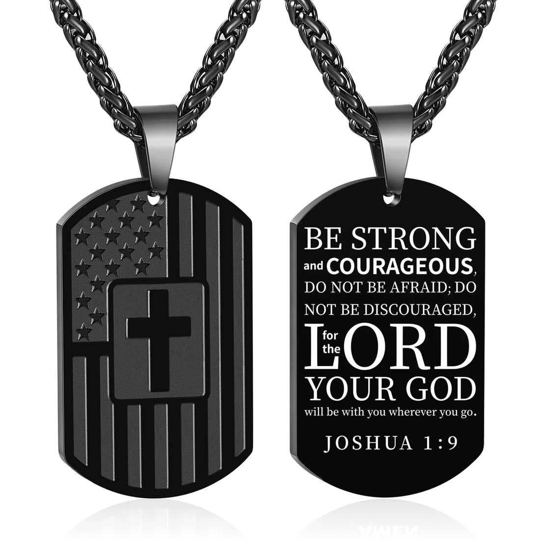 Black Dog Tag Cross Necklace for Men – Bible Verse Pendant, 24&quot; Stainless Steel Chain – Christian Religious Jewelry Gift