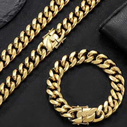Miami Cuban Link Chain for Men – 15mm 18K Gold Stainless Steel Curb Necklace, Hip Hop Jewelry