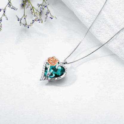 Graduation Gift for Women – Sterling Silver Rose Flower Heart Necklace with September Sapphire Birthstone Crystal