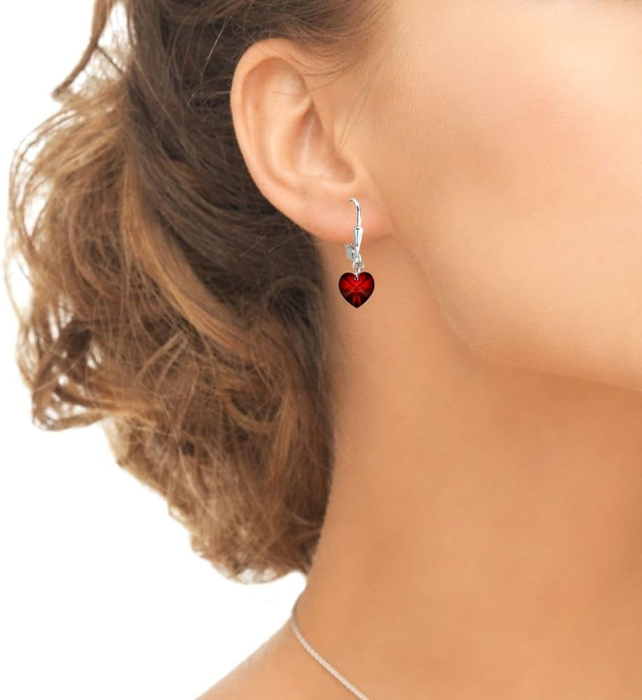 Sterling Silver European Crystal Dainty Heart Leverback Dangle Earrings for Women