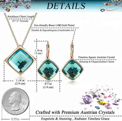 Square Austrian Crystal Necklace &amp; Earrings Set for Women – 18K Gold Plated Hypoallergenic Fashion Jewelry