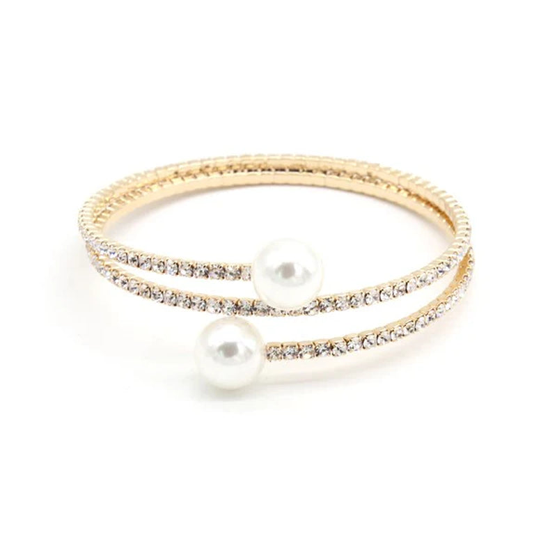 Elegant Spiral Rhinestone Bracelet with Pearls – Adjustable Crystal Cuff Bangle for Women