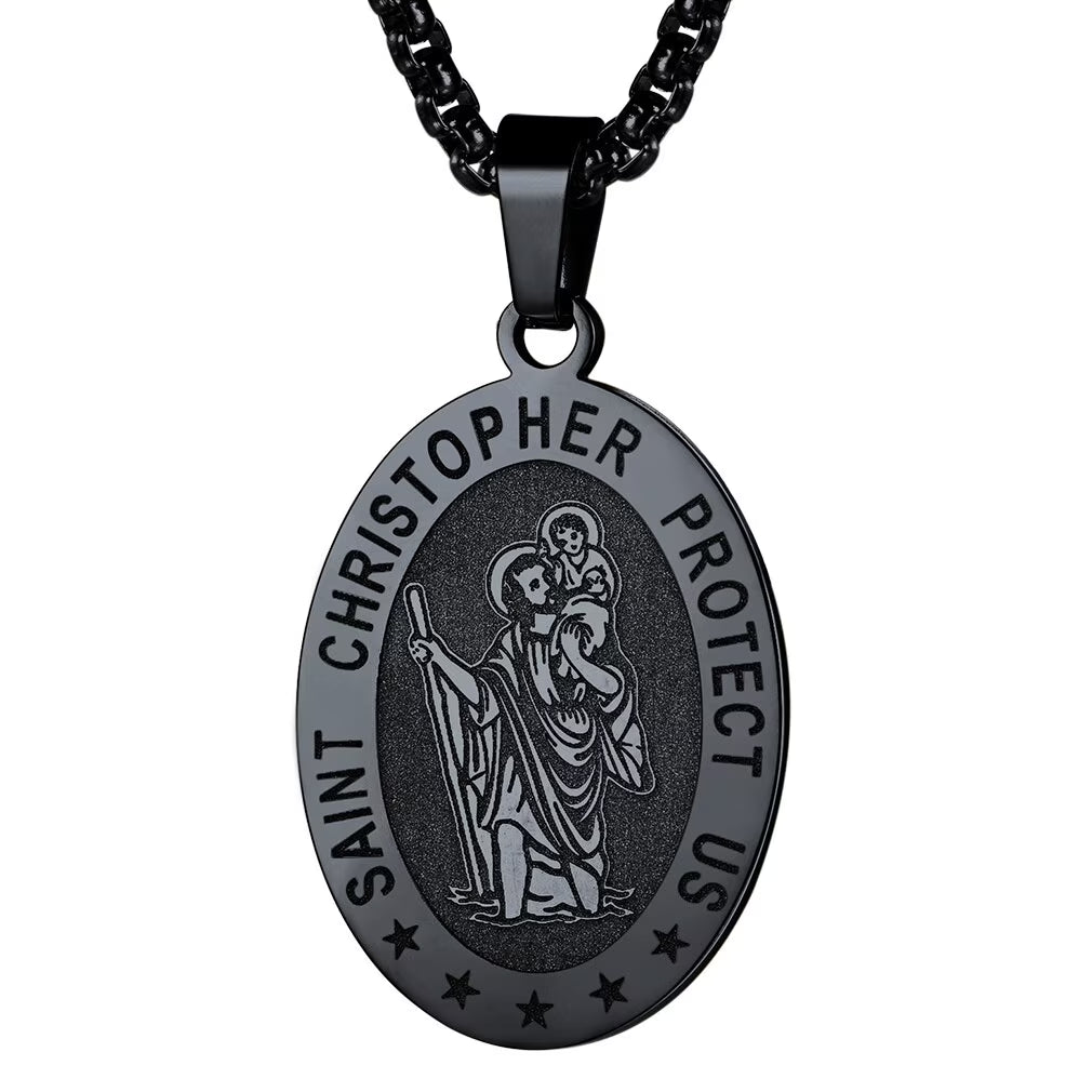Saint/St. Christopher Pendant Necklace for Men Women Stainless Steel Catholic Christian Oval Medal Blessings Amulet Black Men Jewelry Gift for Dad Grandpa Fathers Day