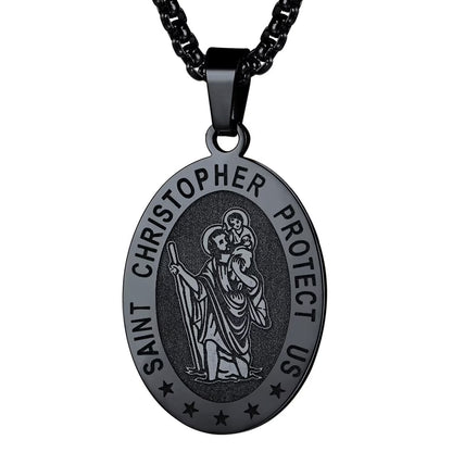 Saint/St. Christopher Pendant Necklace for Men Women Stainless Steel Catholic Christian Oval Medal Blessings Amulet Black Men Jewelry Gift for Dad Grandpa Fathers Day