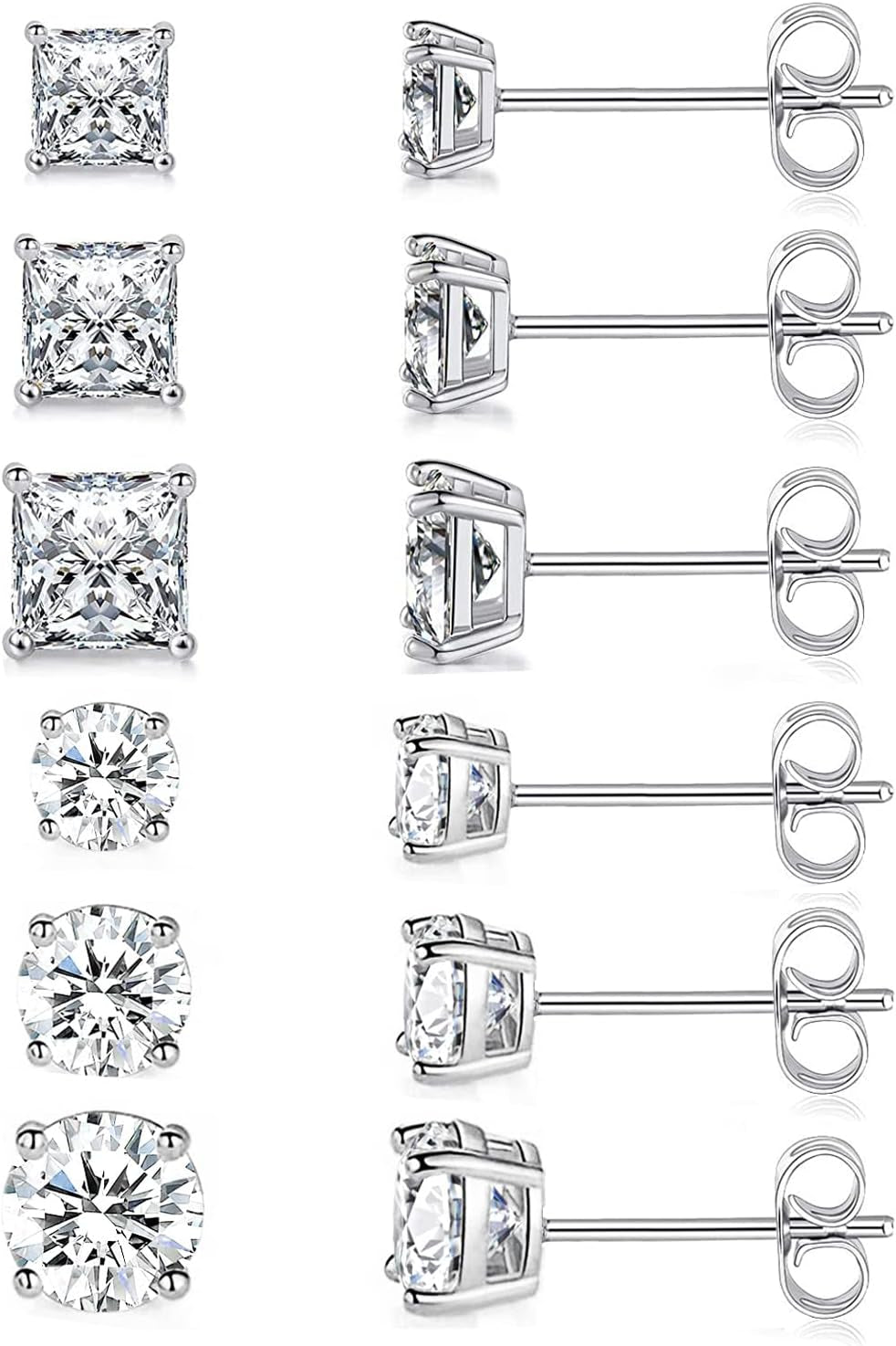 18K Gold Plated Round Princess Cut Clear Cubic Zirconia Stud Earrings – 6 Pairs Set