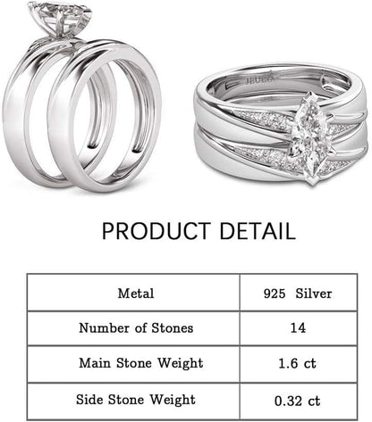 Bridal Wedding &amp; Engagement Ring Set for Women – 925 Sterling Silver with 1.6Ct Center Stone + 0.32Ct Side Accents