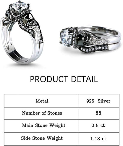 3.68 Carat Skull Bridal Ring Set for Women – Two-Tone Sterling Silver Twist Band with White Diamond CZ, Black Plated Engagement &amp; Promise Ring with Gift Box