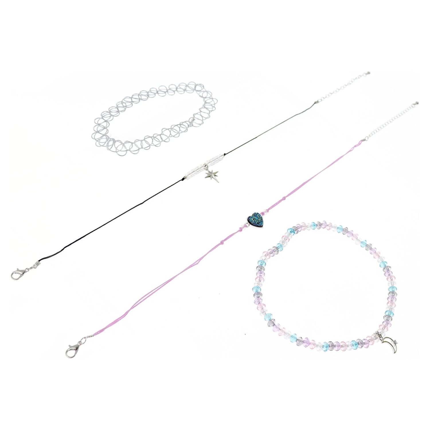 Kids Celestial Necklace &amp; Choker Set – 4-Pack Rhodium-Plated Star &amp; Moon Jewelry for Girls