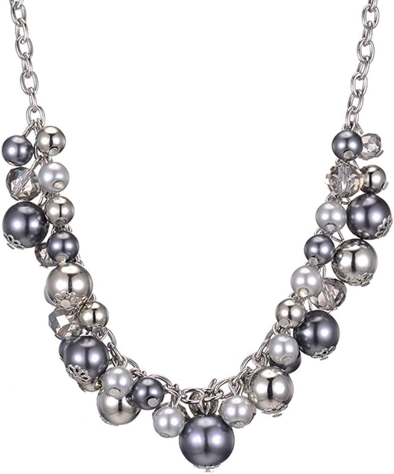 Chunky Beaded Statement Necklace for Women – Boho Silver Pendant Collar Necklace