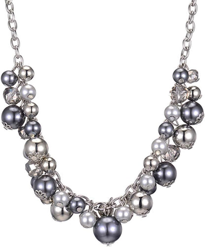 Chunky Beaded Statement Necklace for Women – Boho Silver Pendant Collar Necklace