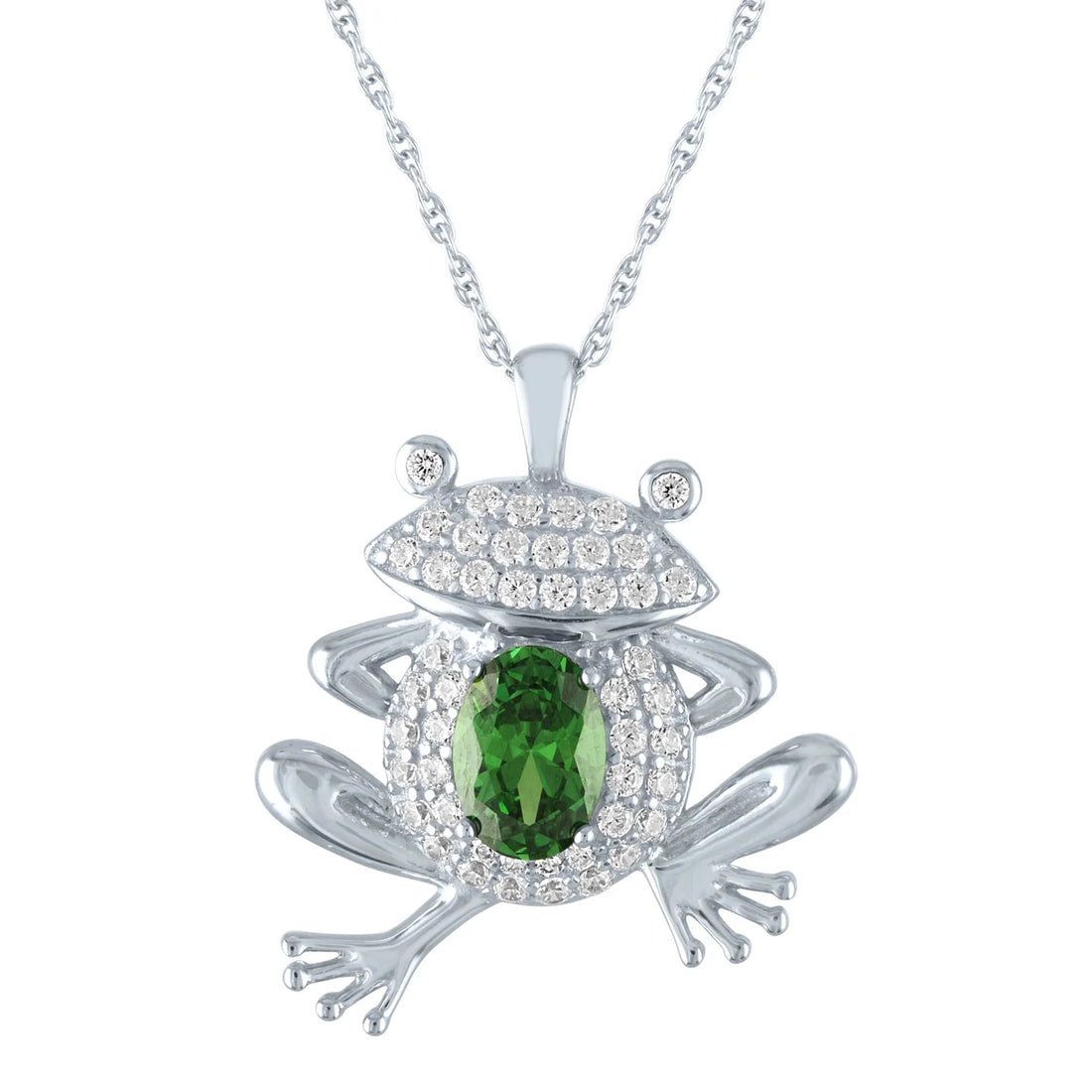 Frog Pendant Necklace – Simulated Emerald &amp; Cubic Zirconia in Sterling Silver, 18”