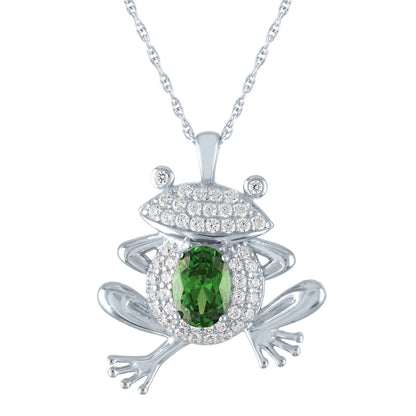 Frog Pendant Necklace – Simulated Emerald &amp; Cubic Zirconia in Sterling Silver, 18”
