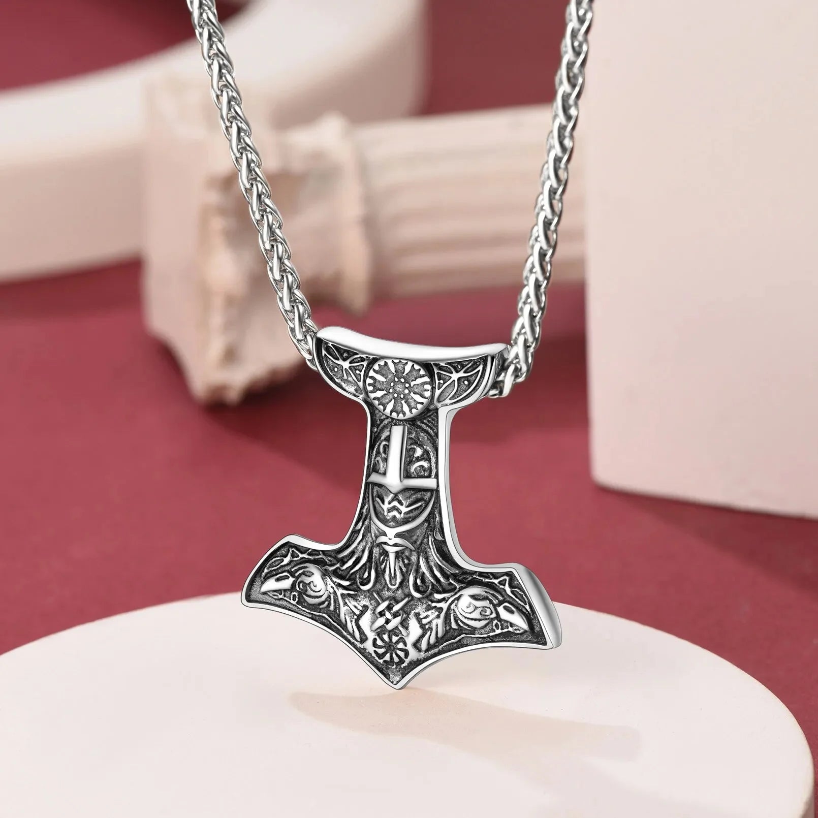 Thor’s Hammer Necklace for Men – Gold Plated Stainless Steel Mjolnir Pendant, Odin &amp; Raven Norse Viking Jewelry