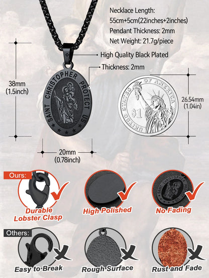 Saint/St. Christopher Pendant Necklace for Men Women Stainless Steel Catholic Christian Oval Medal Blessings Amulet Black Men Jewelry Gift for Dad Grandpa Fathers Day