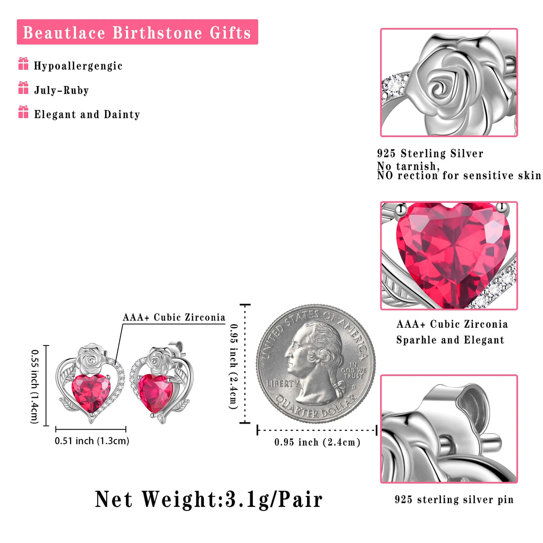 Rose Heart Birthstone Earrings – July Birthstone Studs with Rose Flower Design in 925 Sterling Silver | Elegant Jewelry Gift for Women