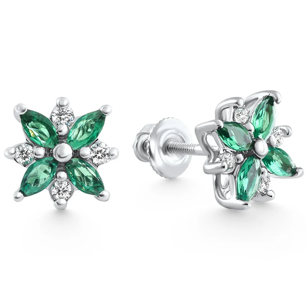 Pompeii 0.60 Ct. Petal Green Emerald &amp; Diamond Earrings – 14K White Gold, Lab-Grown, Screw Back
