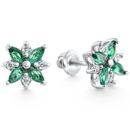 Pompeii 0.60 Ct. Petal Green Emerald &amp; Diamond Earrings – 14K White Gold, Lab-Grown, Screw Back