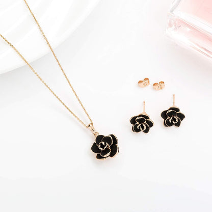Rose Flower Necklace &amp; Earrings Set for Women – 18K Gold Plated, Hypoallergenic Jewelry Set