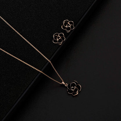 Rose Flower Necklace &amp; Earrings Set for Women – 18K Gold Plated, Hypoallergenic Jewelry Set