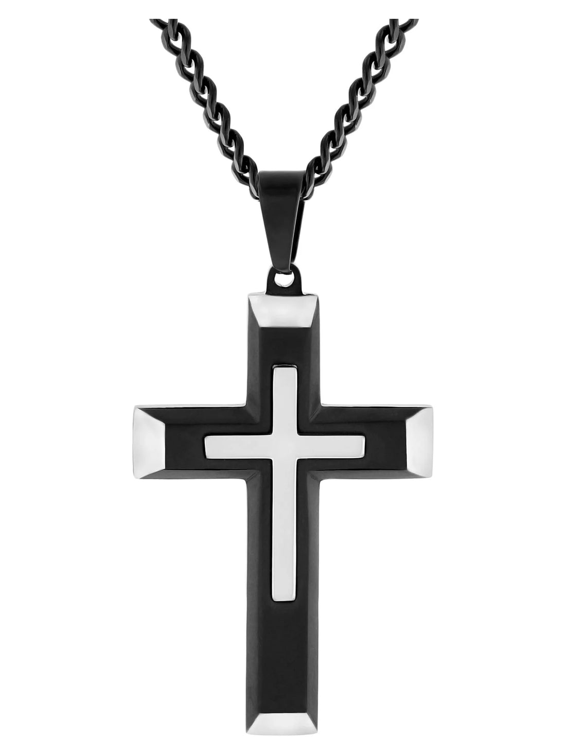 Men’s Two-Tone Stainless Steel Cross Pendant Necklace – Stacked Design with Chain