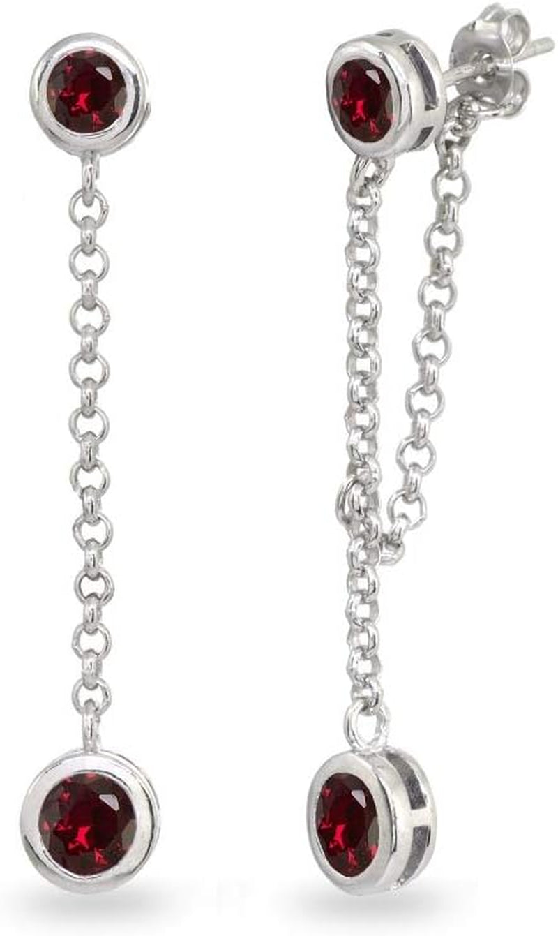 Sterling Silver Two-Stone Bezel-Set Drop Dangle Earrings – Genuine &amp; Synthetic Gemstone Round Earrings for Women