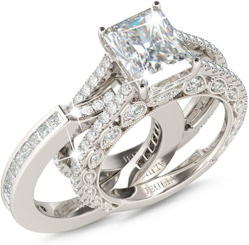 5.2 Carat Radiant Cut Engagement &amp; Wedding Ring Set for Women – 925 Sterling Silver with Side Stones – CZ Promise &amp; Anniversary Rings