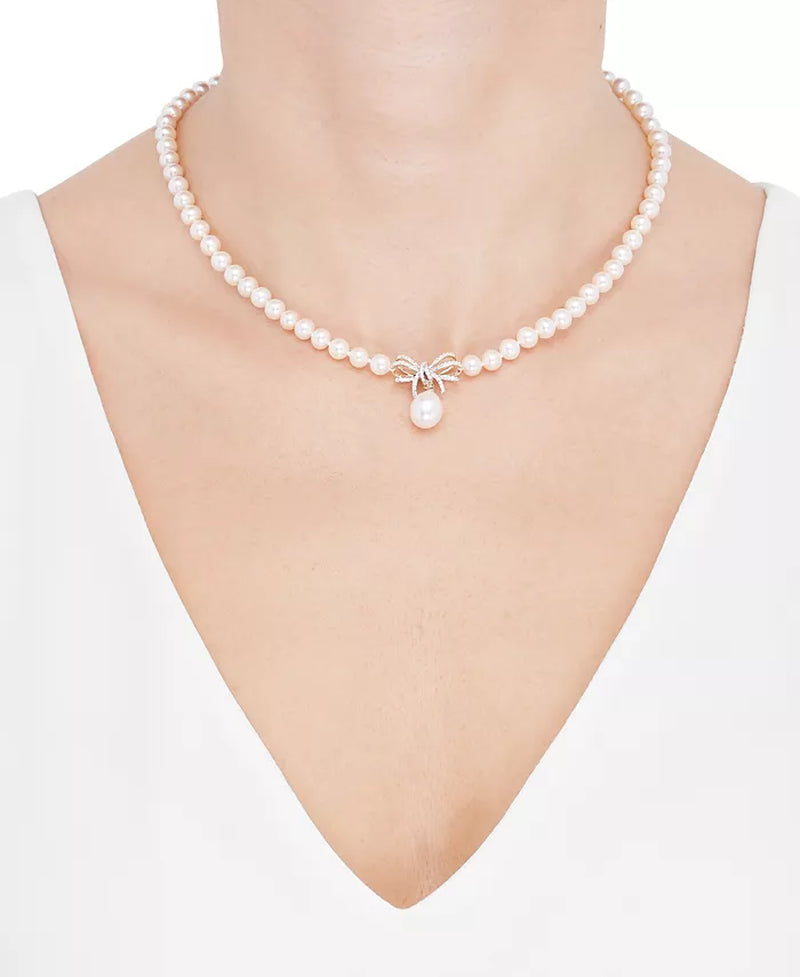 Cultured Freshwater Pearl &amp; Diamond Ribbon Collar Necklace – 1/5 Ct. T.W., 10K Gold, 17&quot;