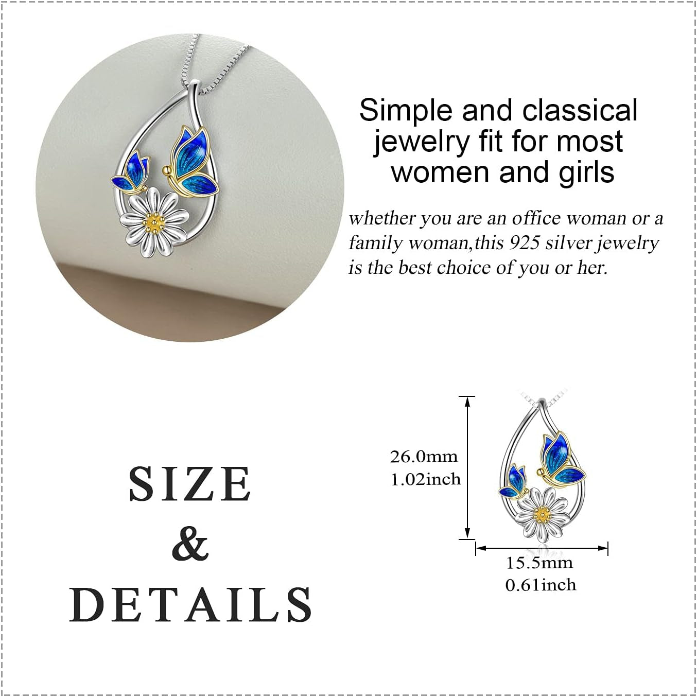 Butterfly Teardrop Daisy Flower Pendant Necklace – Sterling Silver Jewelry Gift for Women &amp; Teens