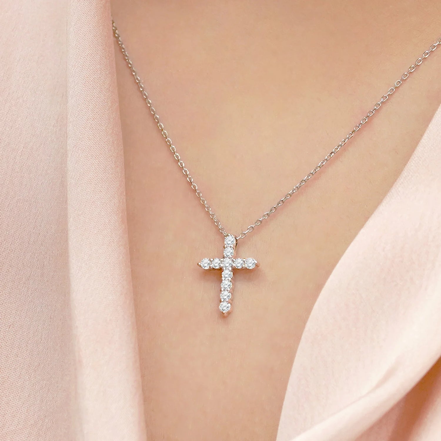 Shared-Prong 0.10 TCW Round Shape Diamond Pave Style Cross Pendant Necklace – 18K White Gold Plated over Sterling Silver