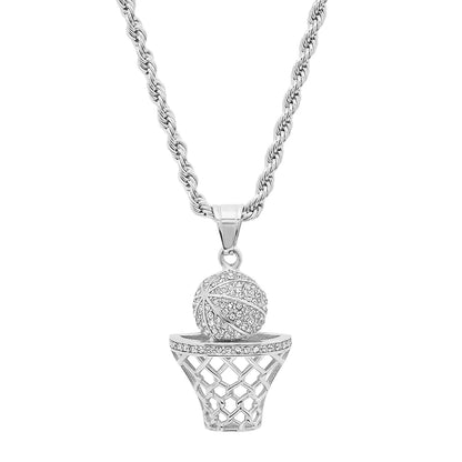 Men’s 18K Silver Plated Stainless Steel Basketball Hoop Pendant Necklace