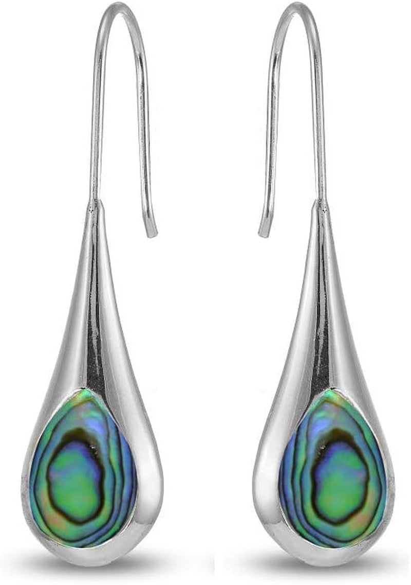 Sterling Silver Long Pear Shape Drop Earrings – Abalone, Simulated Turquoise, or Mother of Pearl