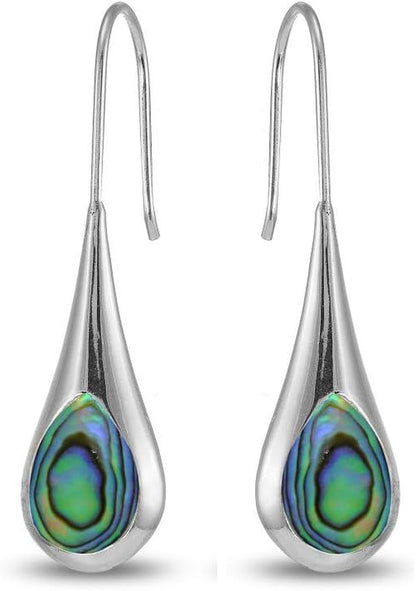 Sterling Silver Long Pear Shape Drop Earrings – Abalone, Simulated Turquoise, or Mother of Pearl