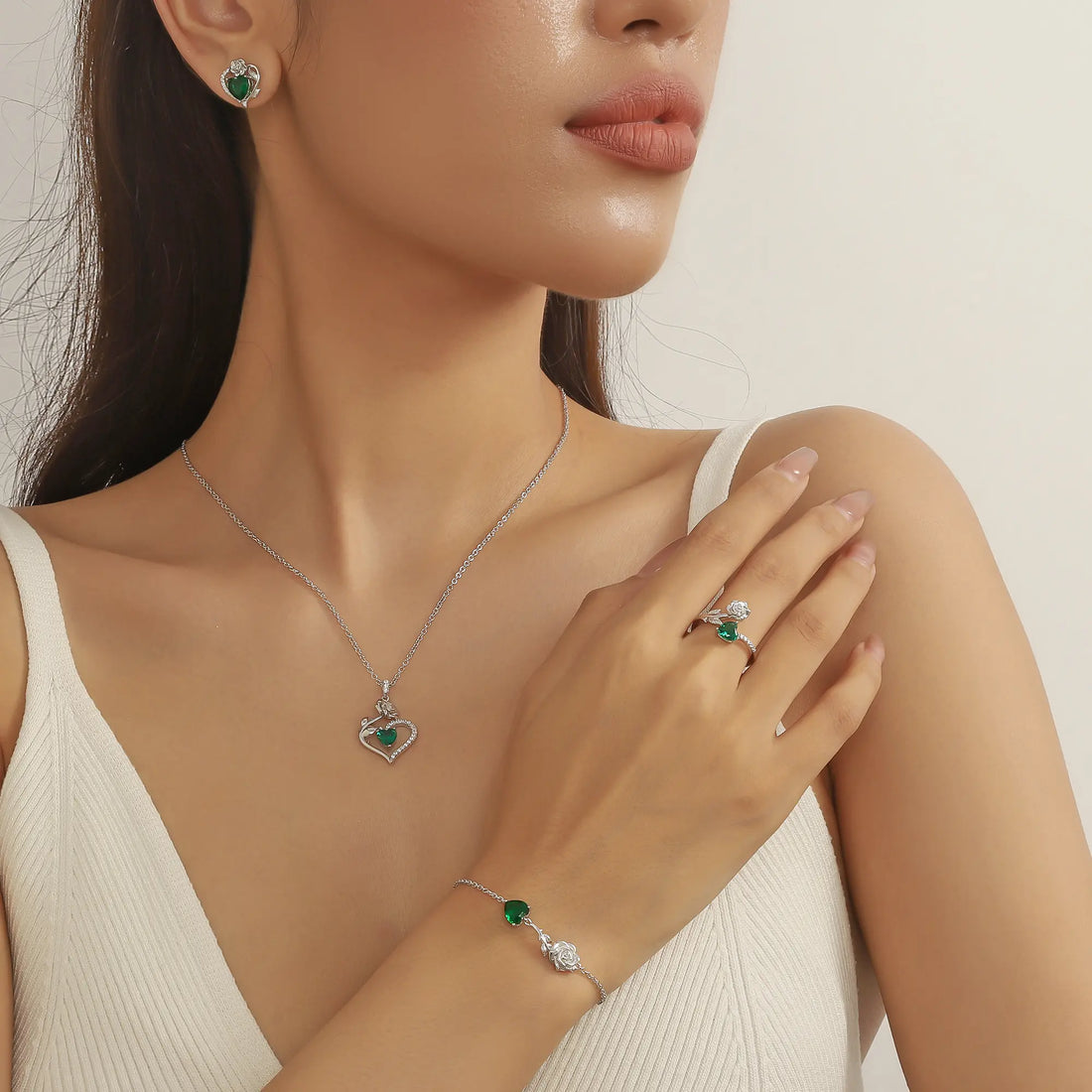 Rose Heart Jewelry Set – May Birthstone Rose Flower Necklace, Earrings, Ring &amp; Bracelet in 925 Sterling Silver | Gift for Women, Mom