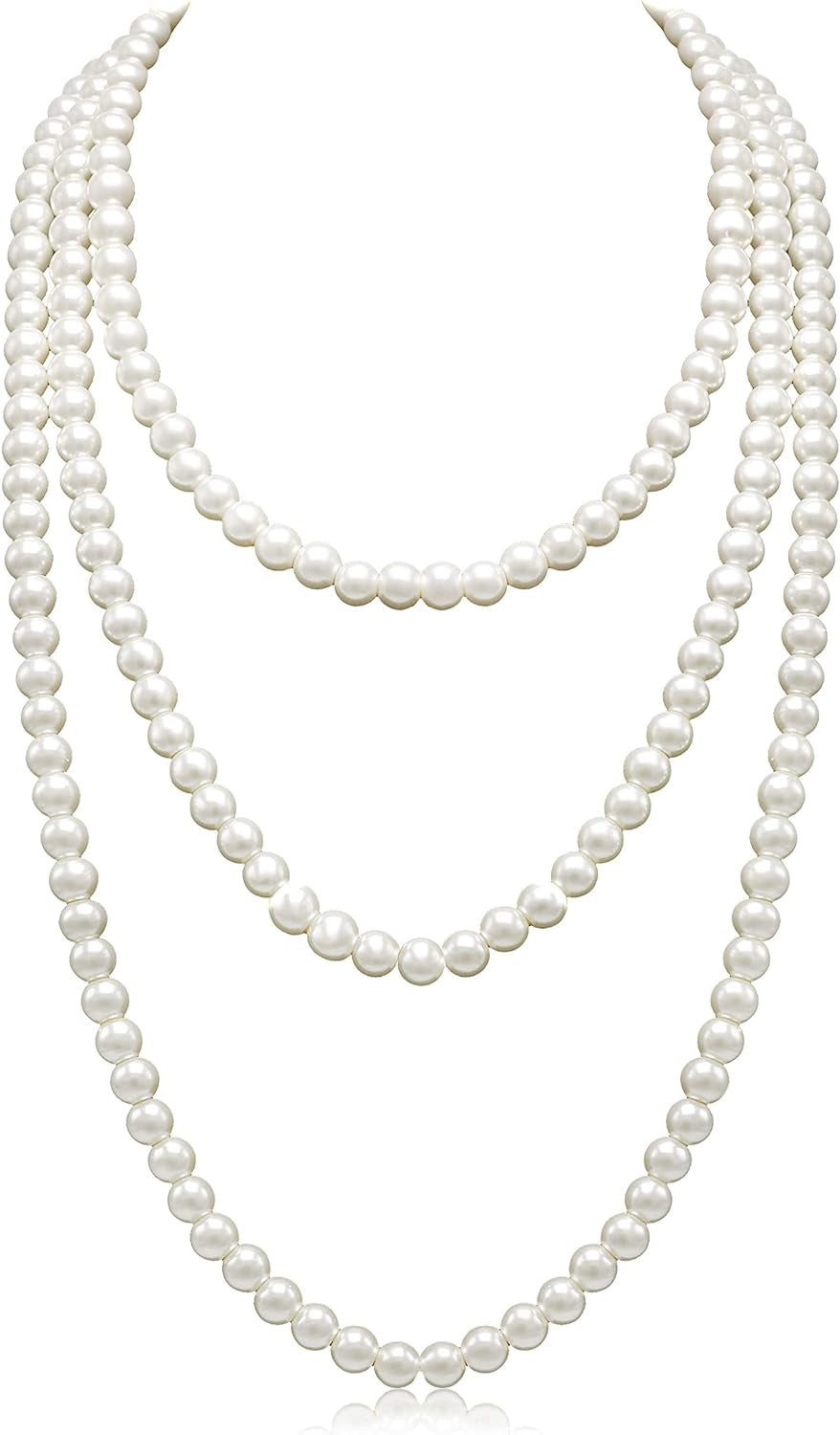 Long Cream White Faux Pearl Necklace – Layered Strand Costume Jewelry for Women