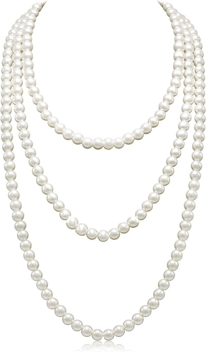 Long Cream White Faux Pearl Necklace – Layered Strand Costume Jewelry for Women