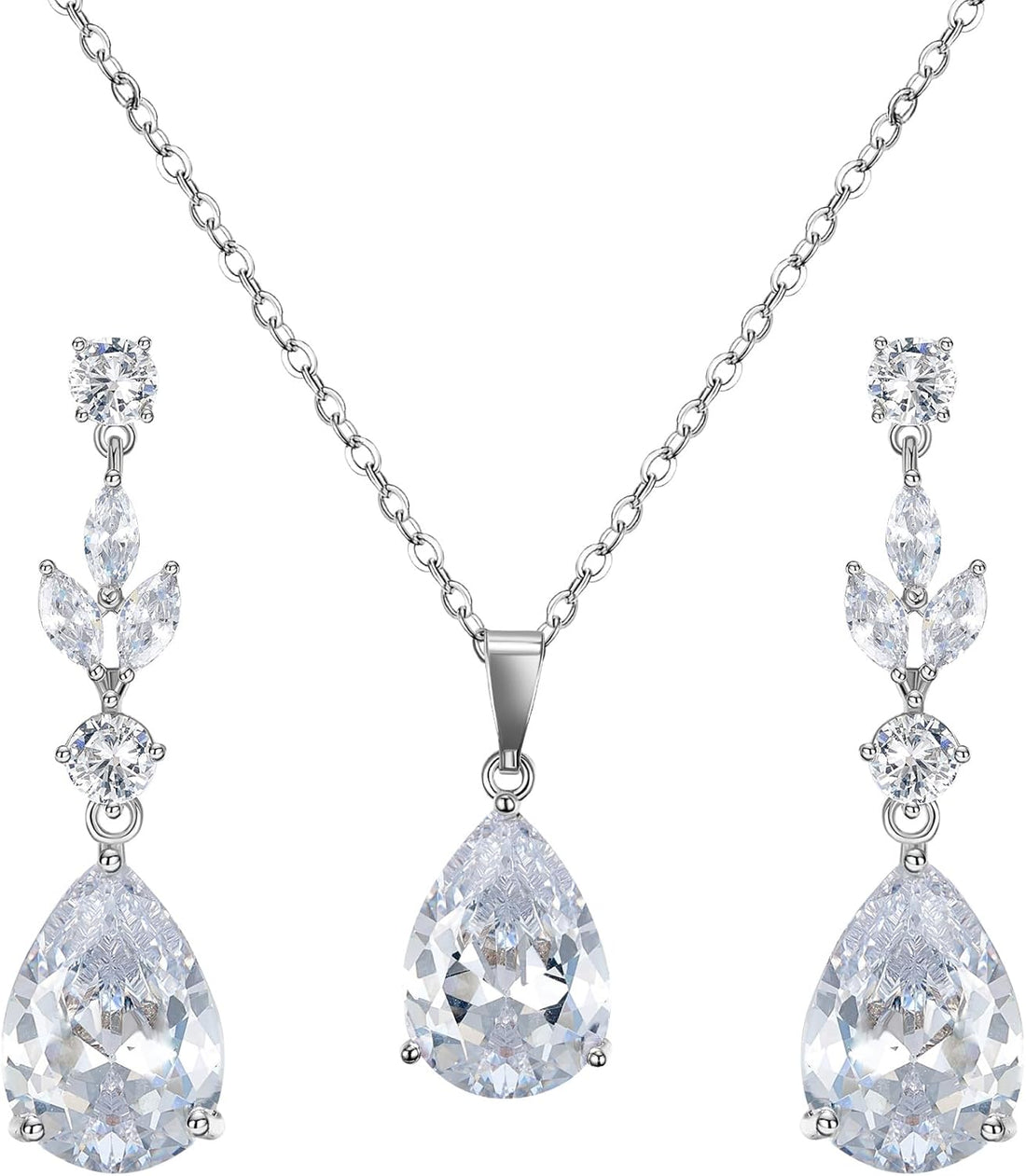 Teardrop Crystal Wedding Jewelry Set – Silver Bridal Necklace and Drop Earrings for Women, Brides, Bridesmaids, Prom &amp; Special Occasions
