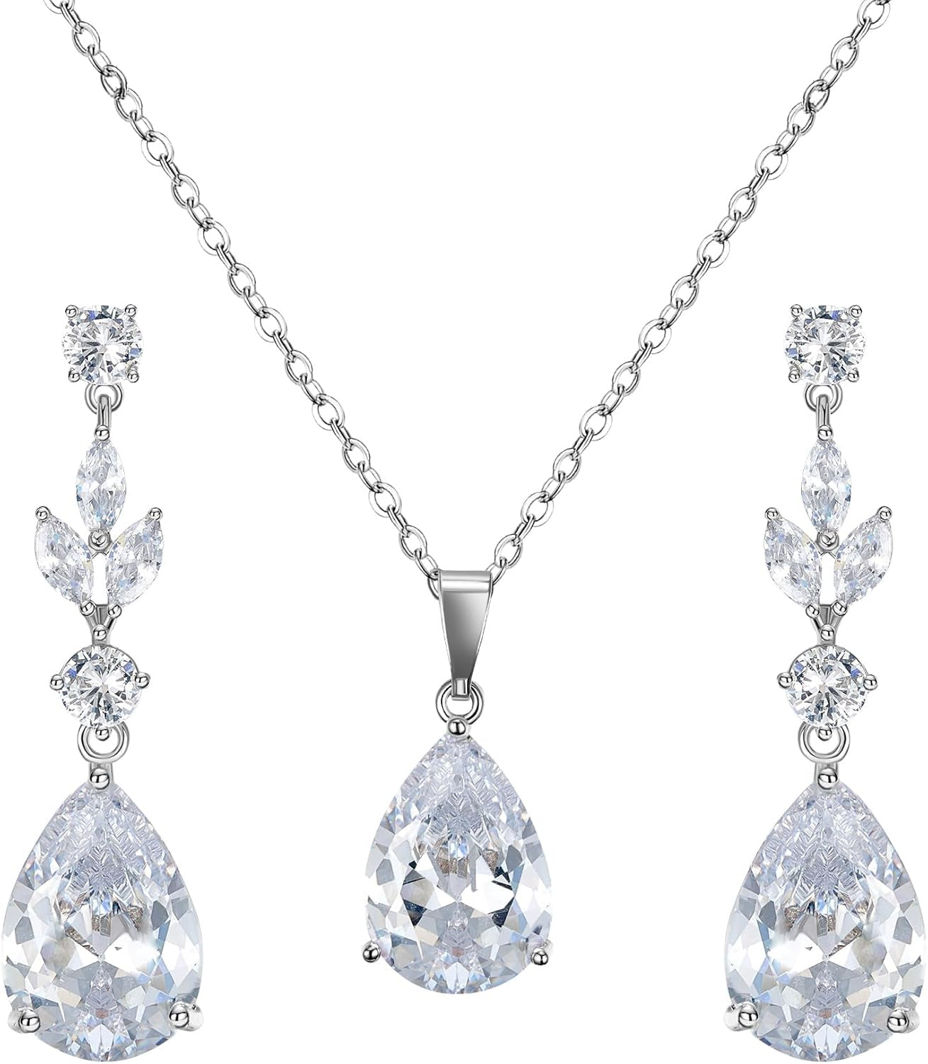 Teardrop Crystal Wedding Jewelry Set – Silver Bridal Necklace and Drop Earrings for Women, Brides, Bridesmaids, Prom &amp; Special Occasions