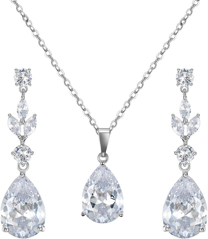 Teardrop Crystal Wedding Jewelry Set – Silver Bridal Necklace and Drop Earrings for Women, Brides, Bridesmaids, Prom &amp; Special Occasions