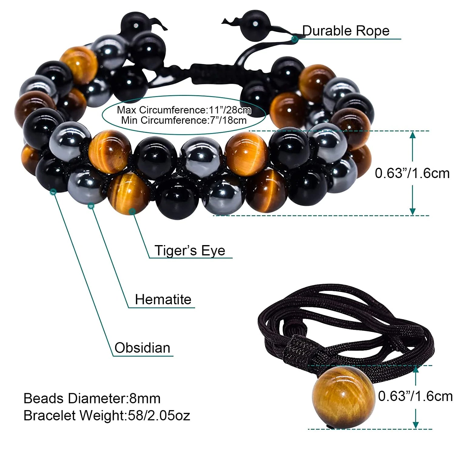Triple Protection Crystal Bracelet – Handmade Tiger Eye, Hematite &amp; Black Obsidian Natural Stone Beads – 8mm Healing Bracelet for Men &amp; Women