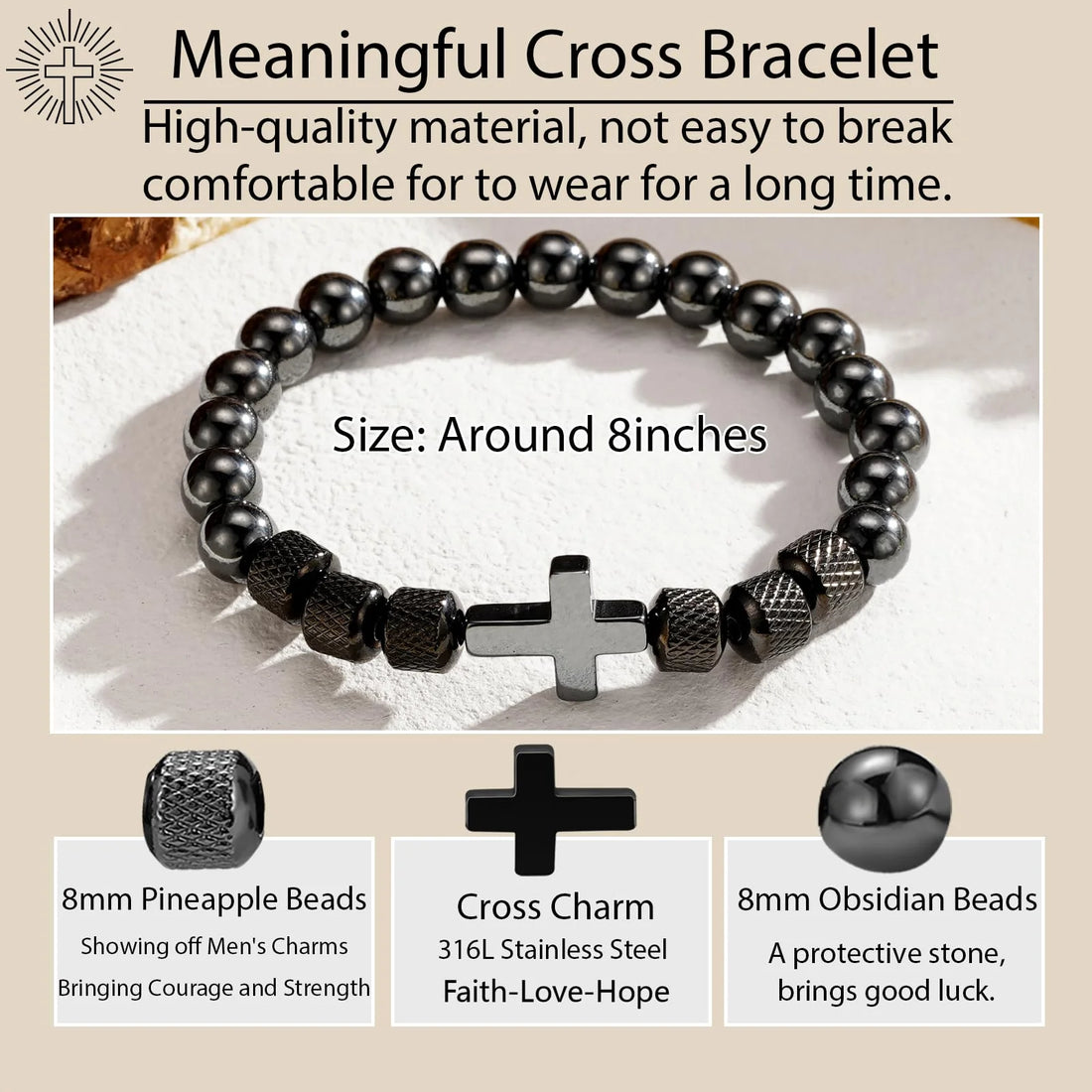 ✝️ Black Cross Bead Bracelet for Men – Obsidian Stone Christian Religious Jewelry Gift for Father, Husband, Son, or Grandpa