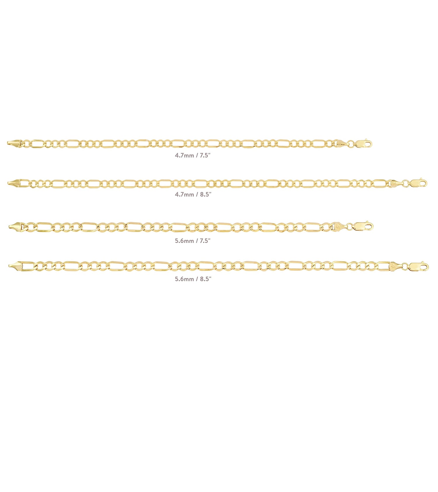 14K Solid Yellow Gold Filled Figaro Chain Bracelets – Unisex Collection, Multiple Sizes, 4.7mm