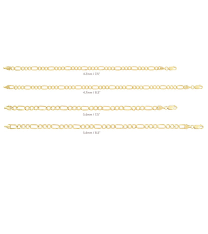14K Solid Yellow Gold Filled Figaro Chain Bracelets – Unisex Collection, Multiple Sizes, 4.7mm